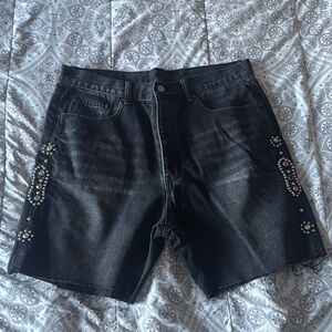 Embellished Black Denim Shorts